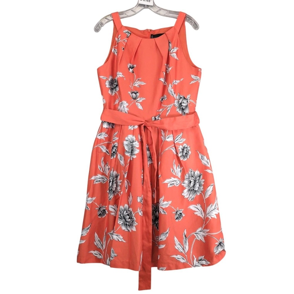 Chetta B Orange Floral Cotton Fit & Flare Dress Sz 8 Knee-Length Belted Retro